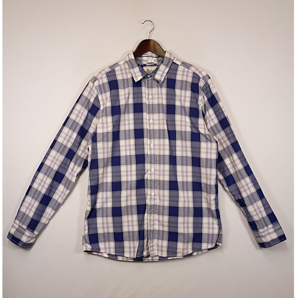 Preppy Bixby Nomad Mens Large Blue White Plaid Slim Fit Cotton Button Down Shirt